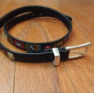 Vintage Brighton 90s Multicolored Beaded Black Skinny Leather Belt Size 34
